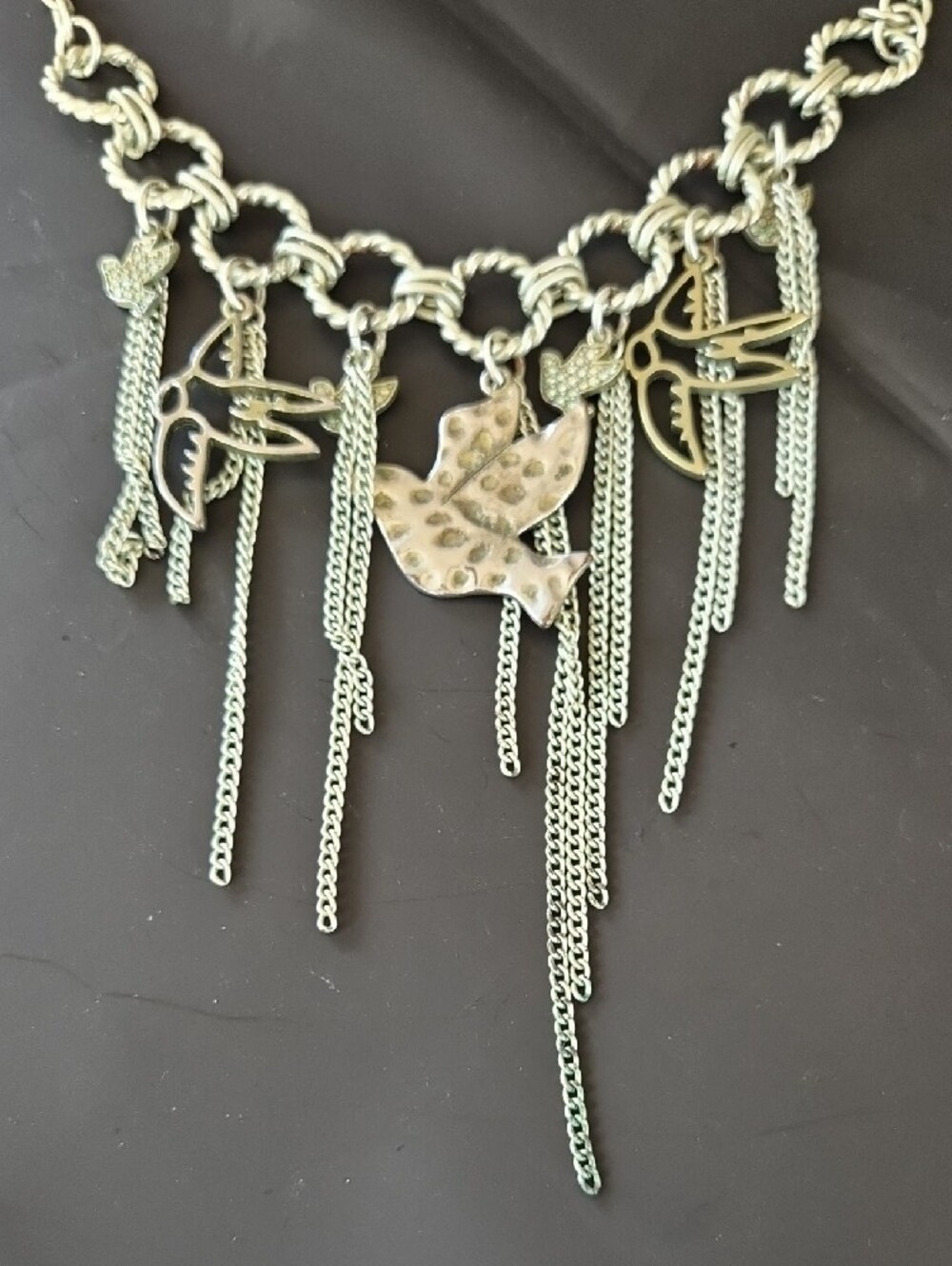 Lucky Brand Silver-Tone Bird Charm Fringe Necklace - Women Jewelry - Picture 2 of 4
